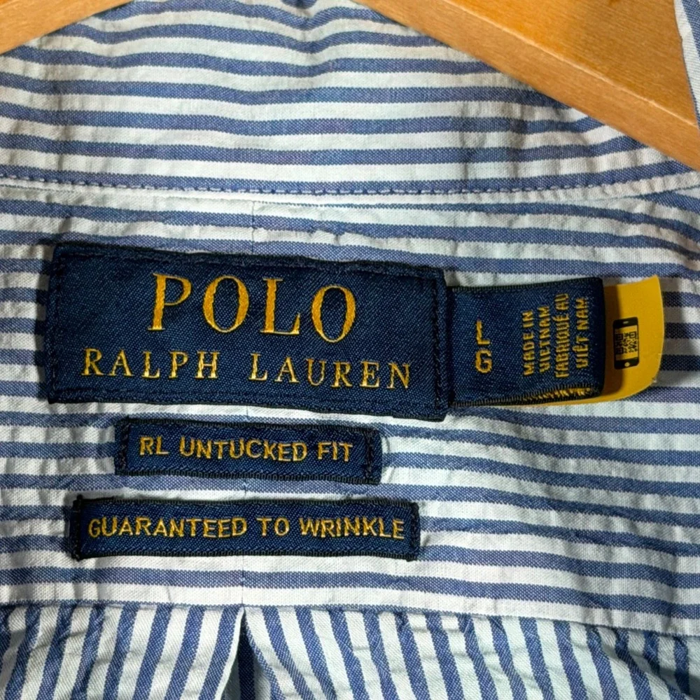 Polo Ralph Lauren Men Blue White Seersucker Short Sleeve Button Down Shirt Large